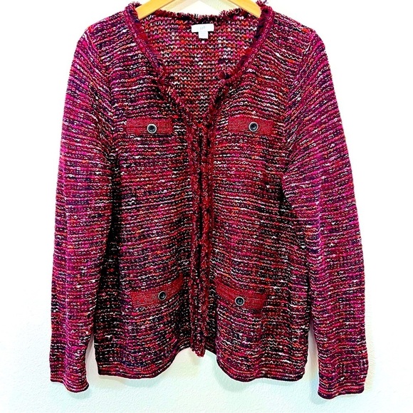 J. Jill Sweaters - J. Jill Soft Berry Tweed Patch Pocket Frayed Hem Sweater Cardigan